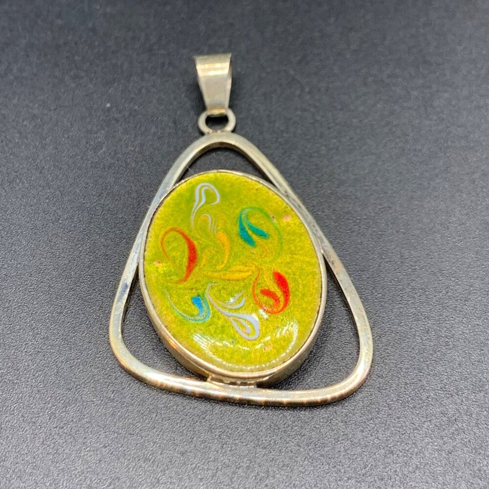 Vintage Sterling Silver 925 Artisan Glass Statement Pendant Hand Painted 2" long